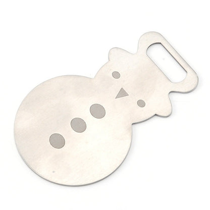 A sleek silver bottle opener with a cute snowman motif- yourstuffmade